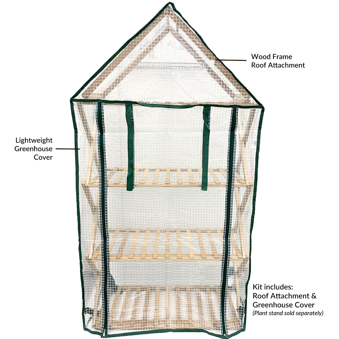 A Ferry-Morse Greenhouse Cover with Roof Attachment designed for covering a bamboo plant stand. The image shows a transparent cover with dark green edging fabric alongside a wooden structure that represents the roof attachment.